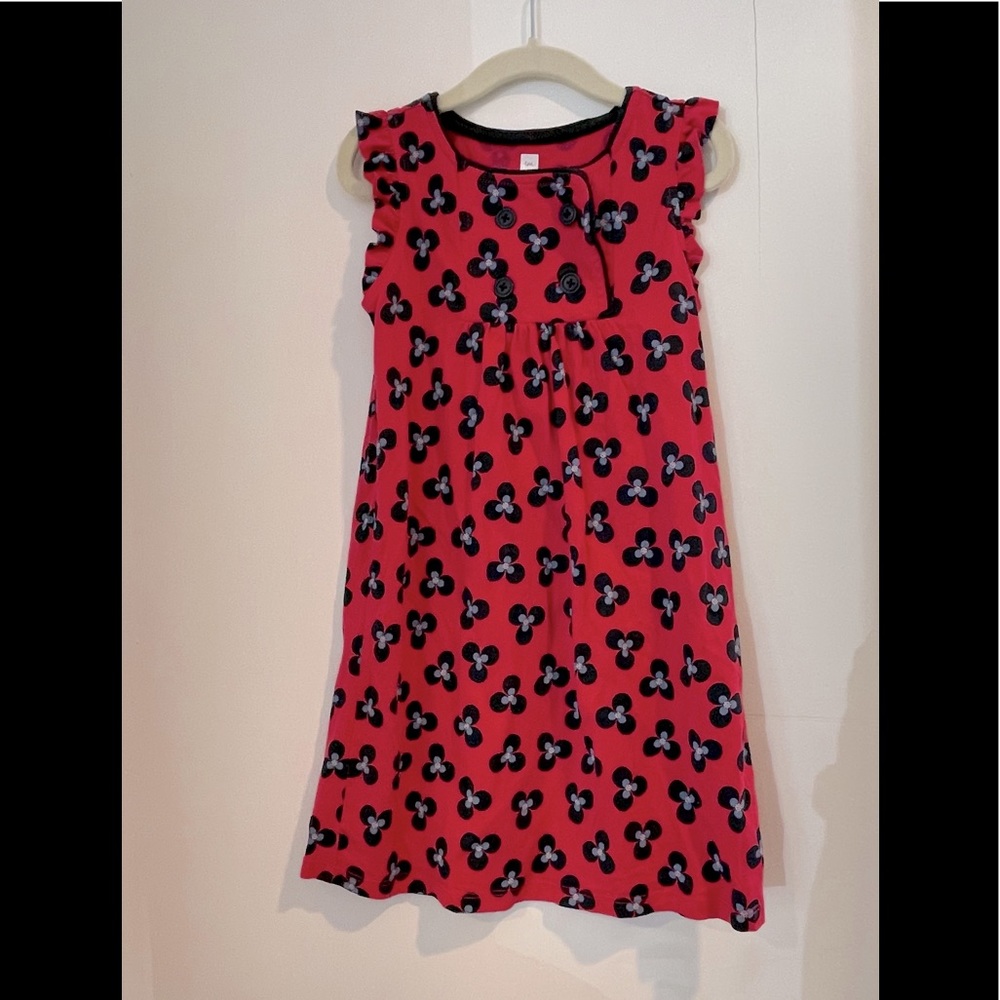 Bright red dress w/ blue graphic pattern, center buttons. Sz 4. Tea collection.